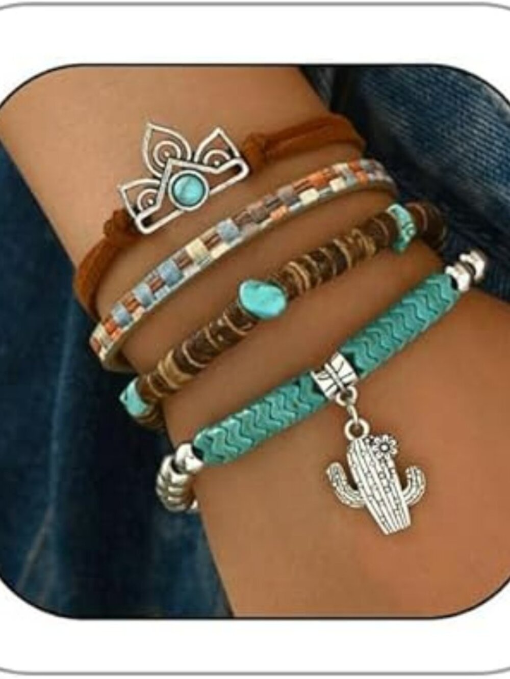 4 Boho Beaded Bracelet Set Stackable Stretchy Turquoise heart Leather